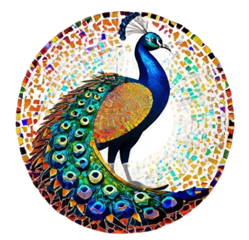 Mosaic's peacock crest, with blue, green, and gold feathers surrounded by colorful mosaic tiles