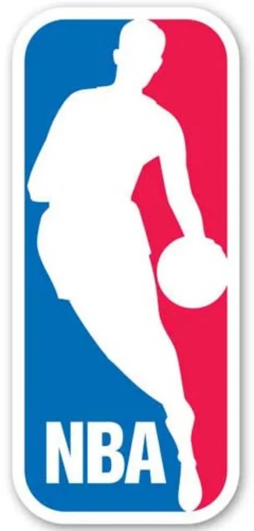 Basketball league inspired red and blue emblem with a suited figure