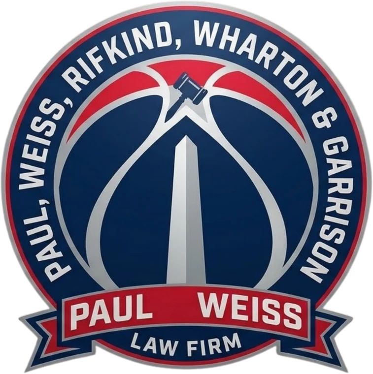 Paul, Weiss reimagined as a red and blue basketball emblem
